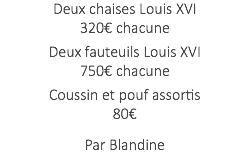 Deux chaises Louis XVI 320€ chacune Deux fauteuils Louis XVI 750€ chacune Coussin et pouf assortis 80€ Par Blandine